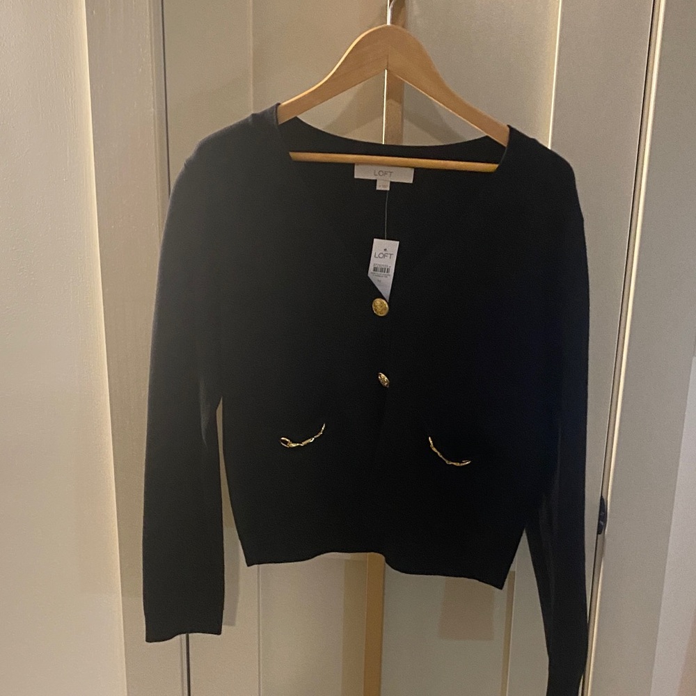 LOFT Navy Cardigan with Gold Accents